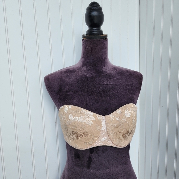 Soma Eva Strapless Bra 34C Satin Unlined Underwire Side Boning Tan Nude Floral - Picture 1 of 9